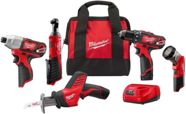 Milwaukee 2498-25 M12 12V Cordless 5-Tool Combo Kit: 2407-20 3/8 in.Drill/Driver + 2462-20 1/4 in. Hex Impact Driver+2420-20 Hackzall Recip Saw+2457-20 3/8 in.Ratchet+49-24-0146...